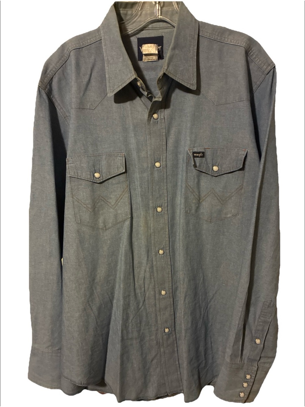 Wrangler-Western Chambray Pearl Snap Long Sleeve Shirt Size XLT VTG Cowboy